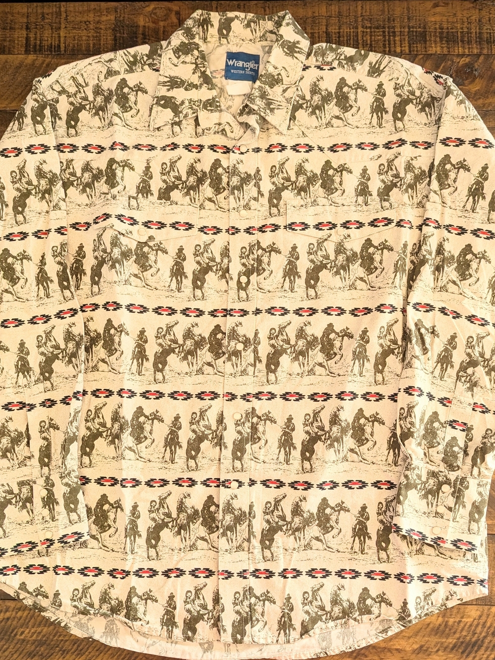 Wrangler Shirt XL Western Outlaw Cowboy Print Brush Popper Pearl Snap Aztec